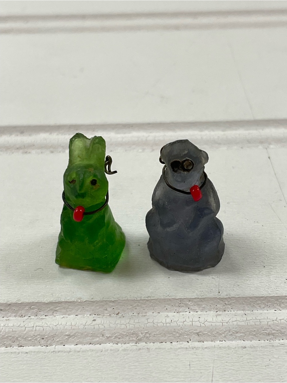 Antique 1930s Cracker Jack Czech Glass Green Bunny Rabbit & Purple Monkey
